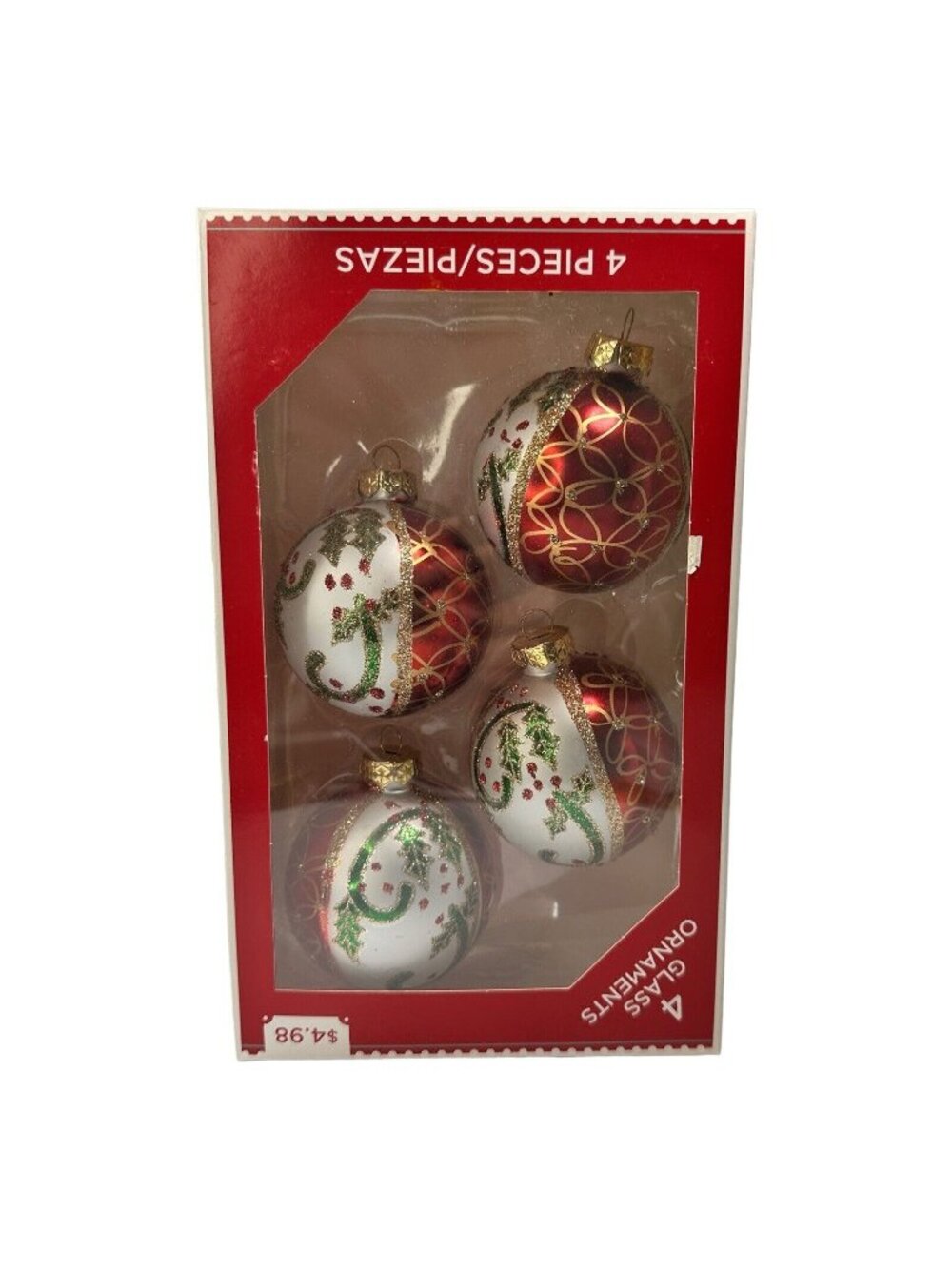 Holiday Time Classic Glittering Christmas Ornament Set (4) Vintage NOS